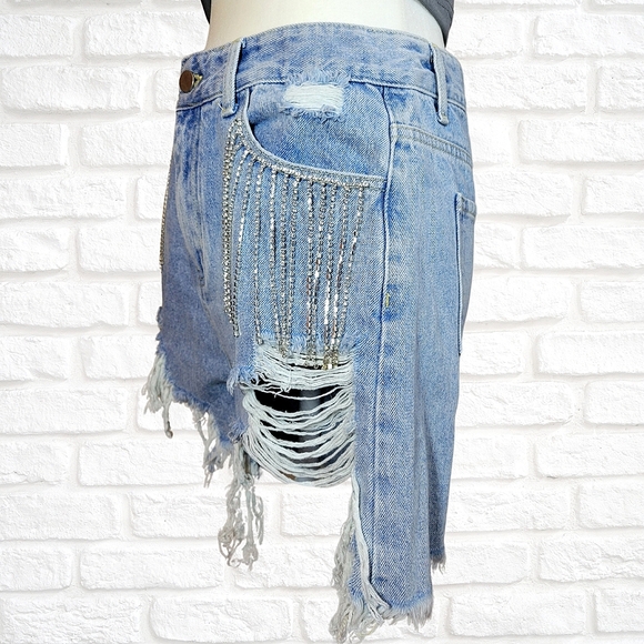 High Rise Jean Shorts Rhinestone Pockets Rough Edge Cut Off Distressed Shorts M - Picture 6 of 15